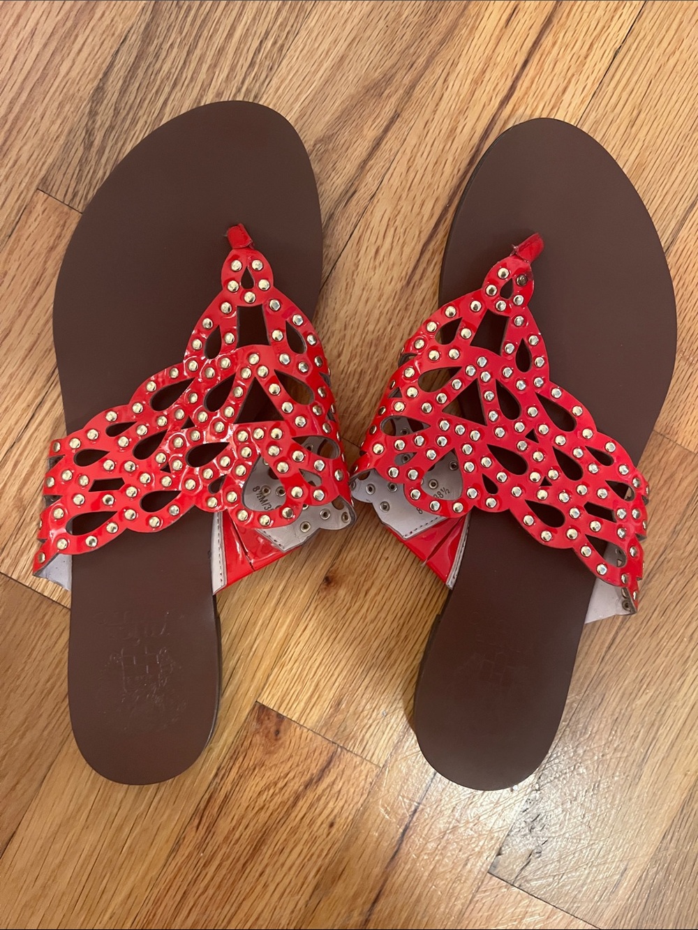 Vince Camuto Red Cutout Slide Sandals with Gold Studs